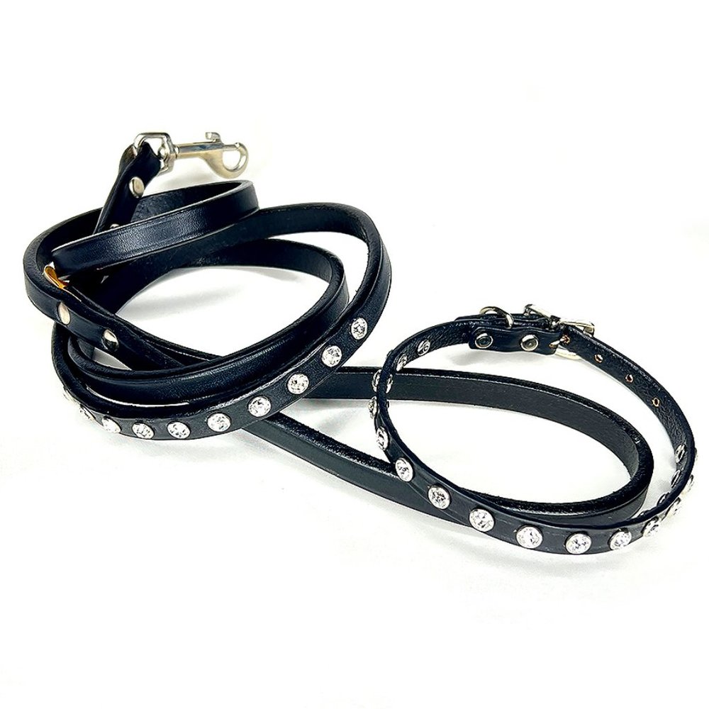 Crystal Studded Black Leather Collar and Leash
